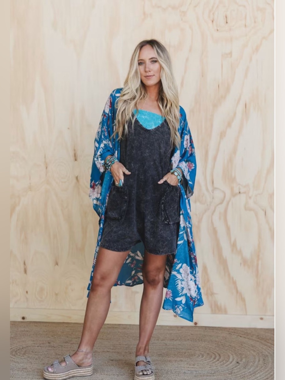 Zenana Boho Romper and tube Top, Three Bird Nest Kimono, three piece set